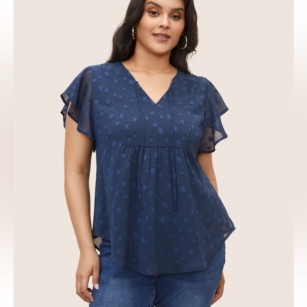BloomChic Plus Size 2XL Star Mesh Gathered Ruffle Sleeve Blouse us18-20